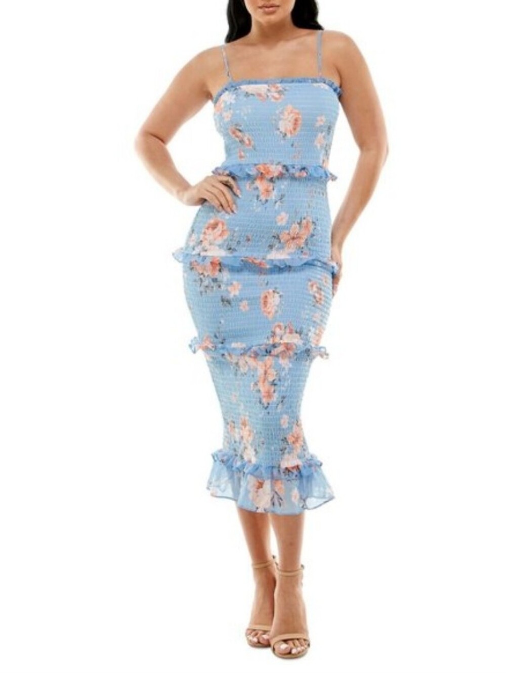 Bebe Women's Juniors Floral Smocked Ruffle Woven Midi Tiered Bodycon Size XL